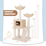 Rascador para gatos con diseño de espadaña de 48 pulgadas con postes rascadores de sisal, percha y condominio - Beige