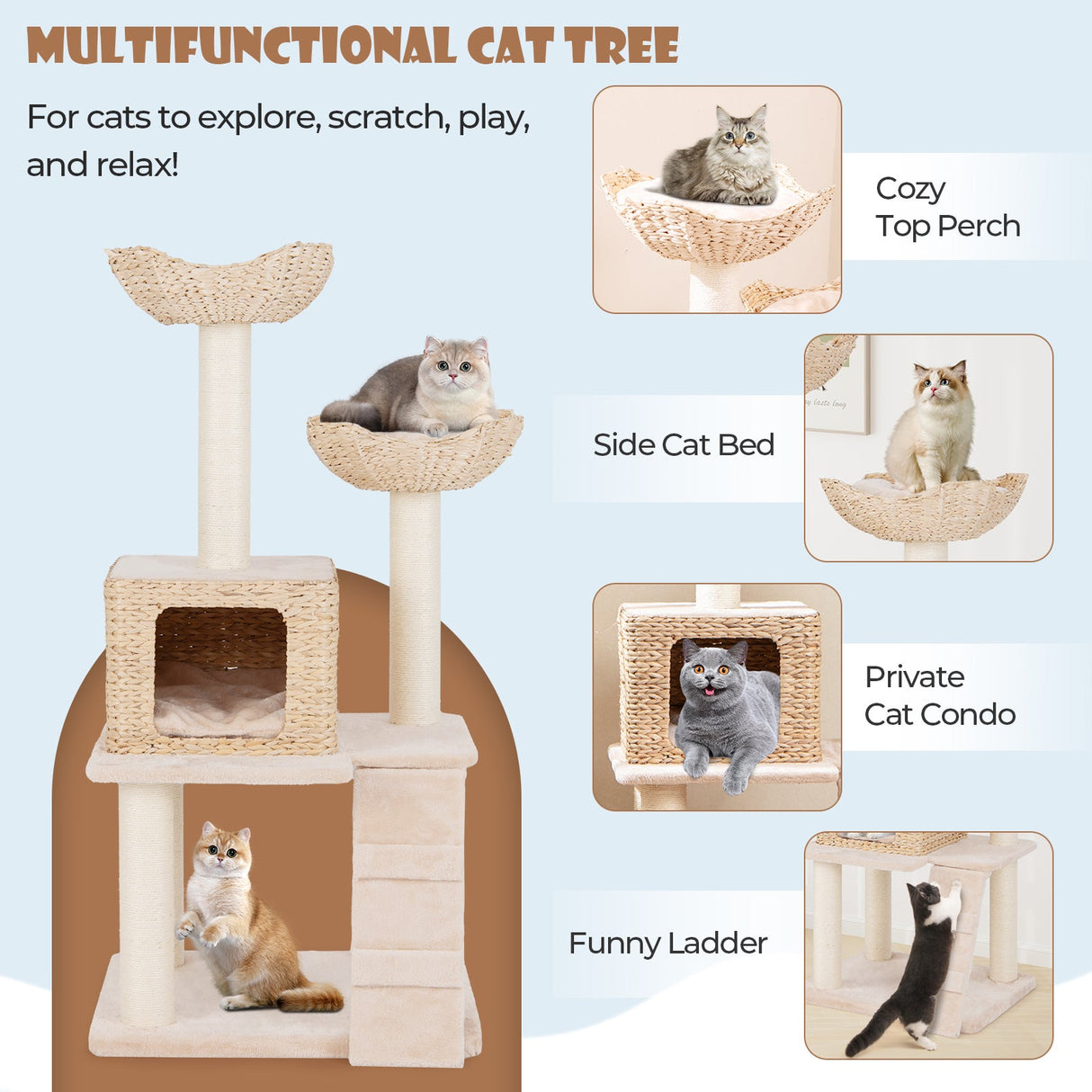 Rascador para gatos con diseño de espadaña de 48 pulgadas con postes rascadores de sisal, percha y condominio - Beige