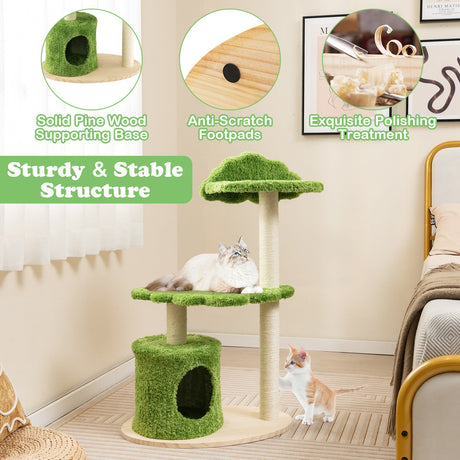 Árbol para gatos bonito de 38 pulgadas para interiores con postes rascadores de sisal totalmente envueltos - Verde