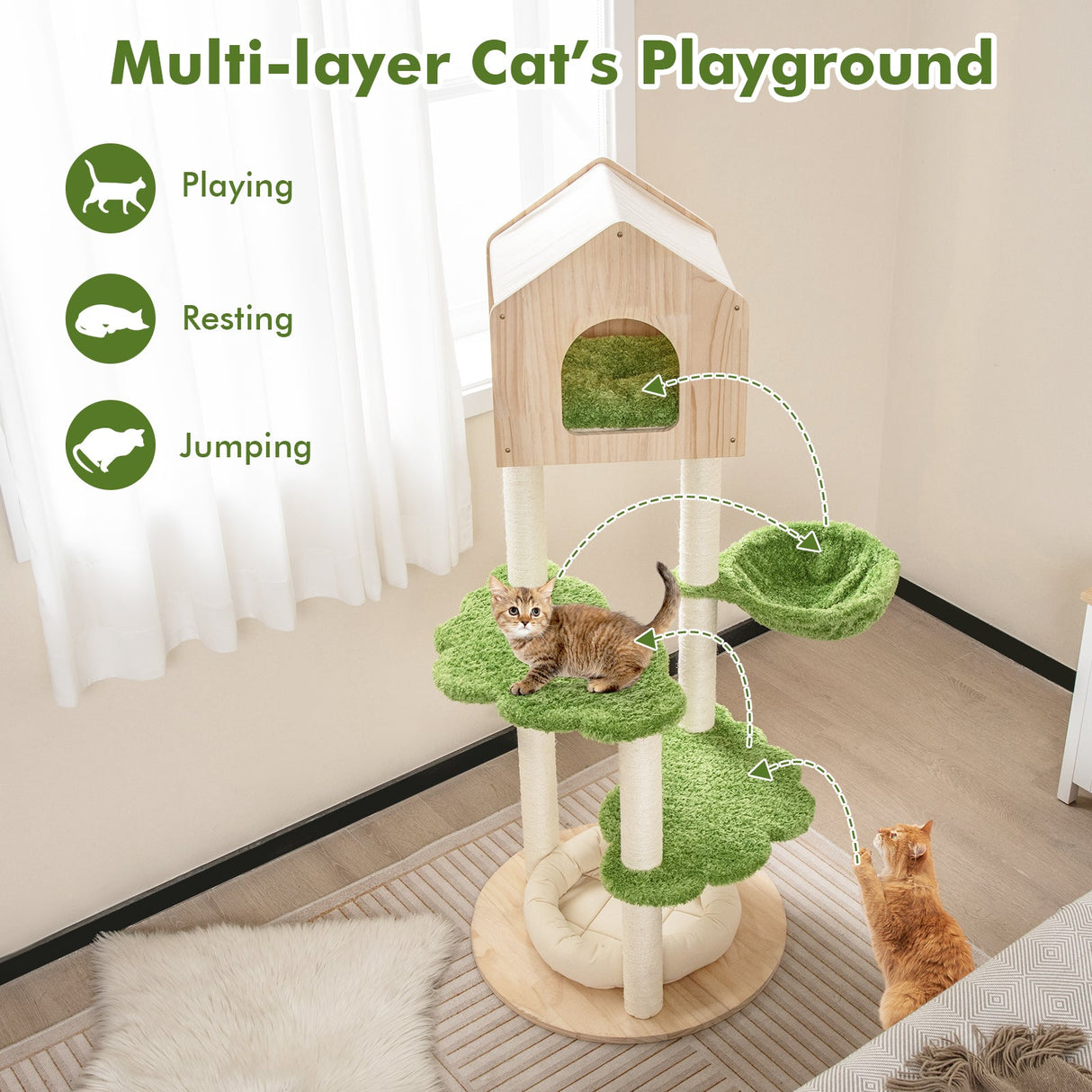 Poste rascador para gatos de 55 pulgadas de alto con postes rascadores de sisal y cama suave para gatitos de interior - Verde