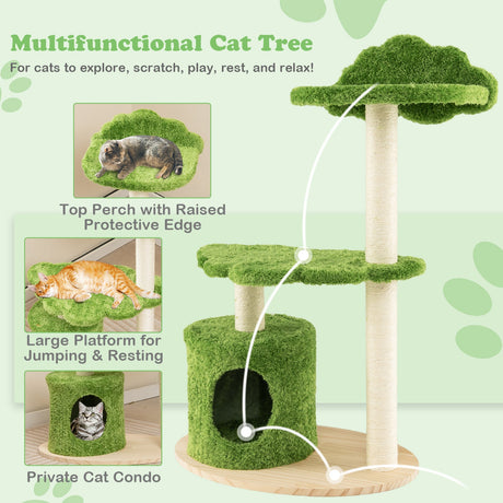 Árbol para gatos bonito de 38 pulgadas para interiores con postes rascadores de sisal totalmente envueltos - Verde