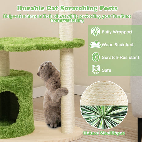 Árbol para gatos bonito de 38 pulgadas para interiores con postes rascadores de sisal totalmente envueltos - Verde