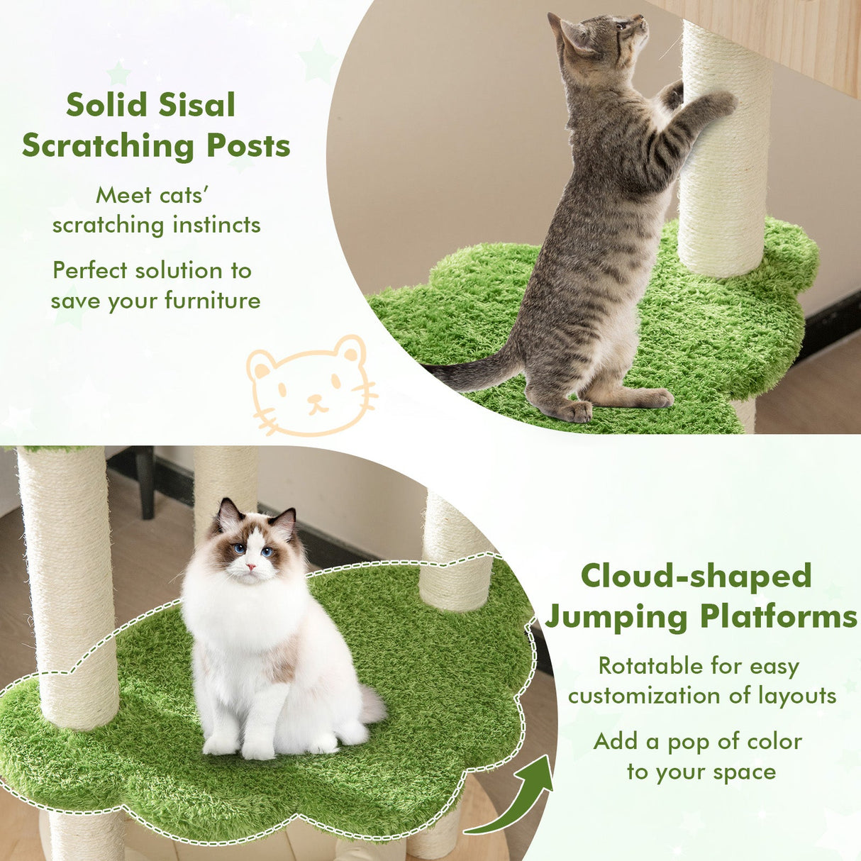 Poste rascador para gatos de 55 pulgadas de alto con postes rascadores de sisal y cama suave para gatitos de interior - Verde