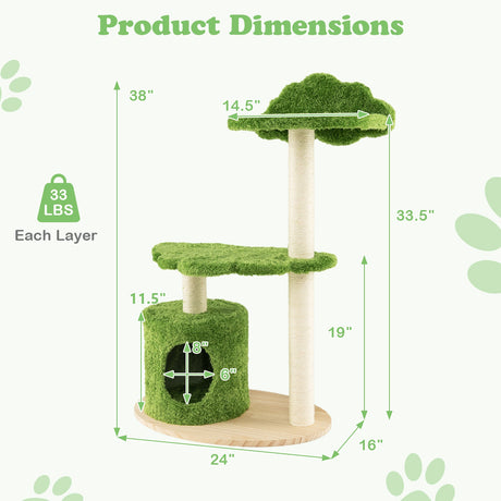 Árbol para gatos bonito de 38 pulgadas para interiores con postes rascadores de sisal totalmente envueltos - Verde