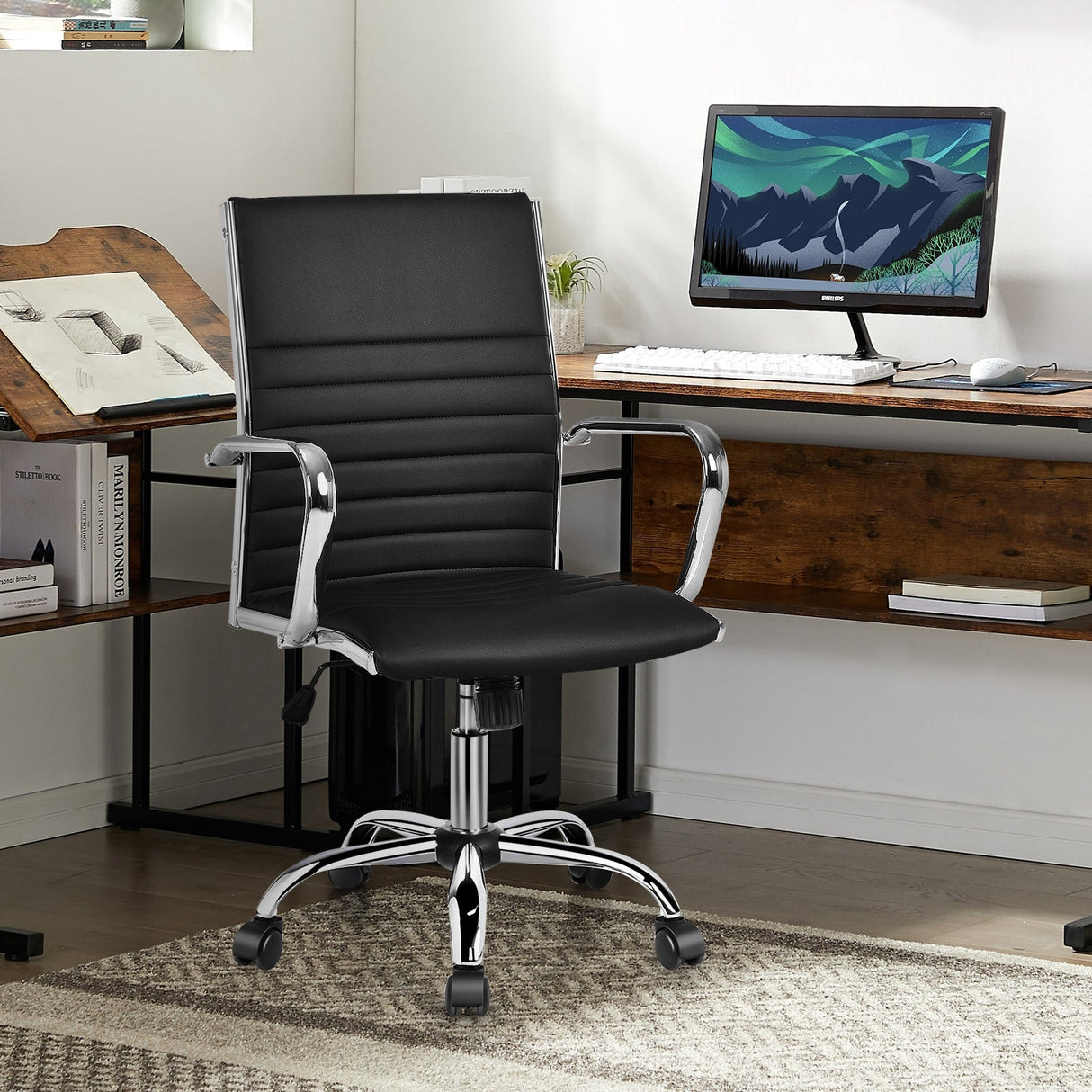 Silla de oficina alta estriada con reposabrazos