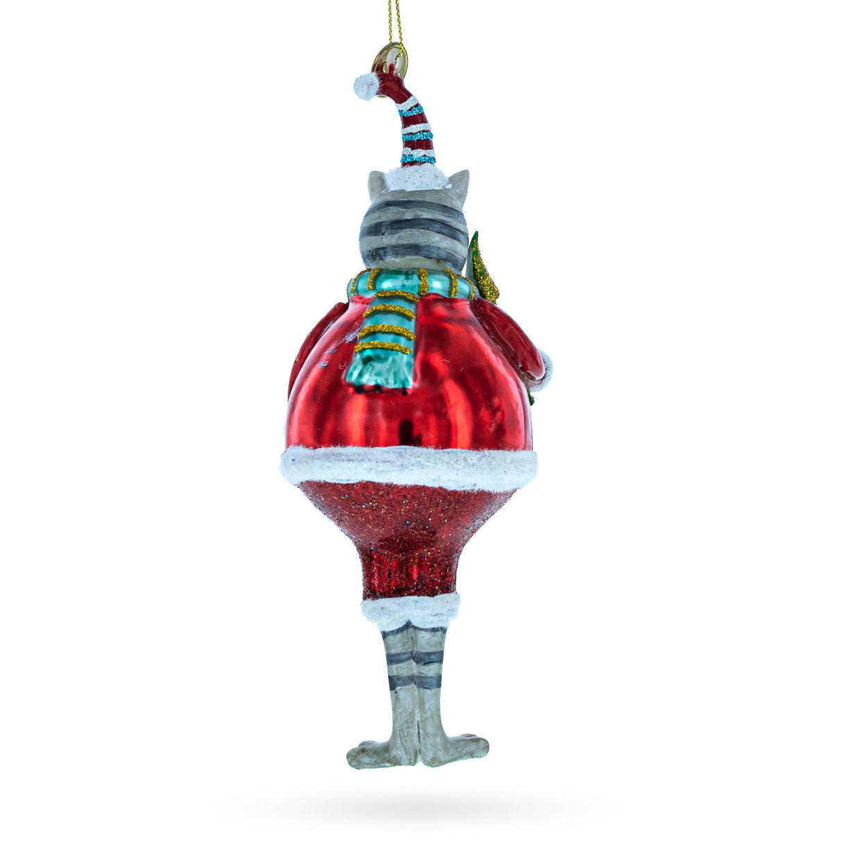 Cat in Fur Hat with Tree Glass Christmas Ornament