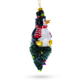 Penguin on Upside Down Tree Glass Christmas Ornament