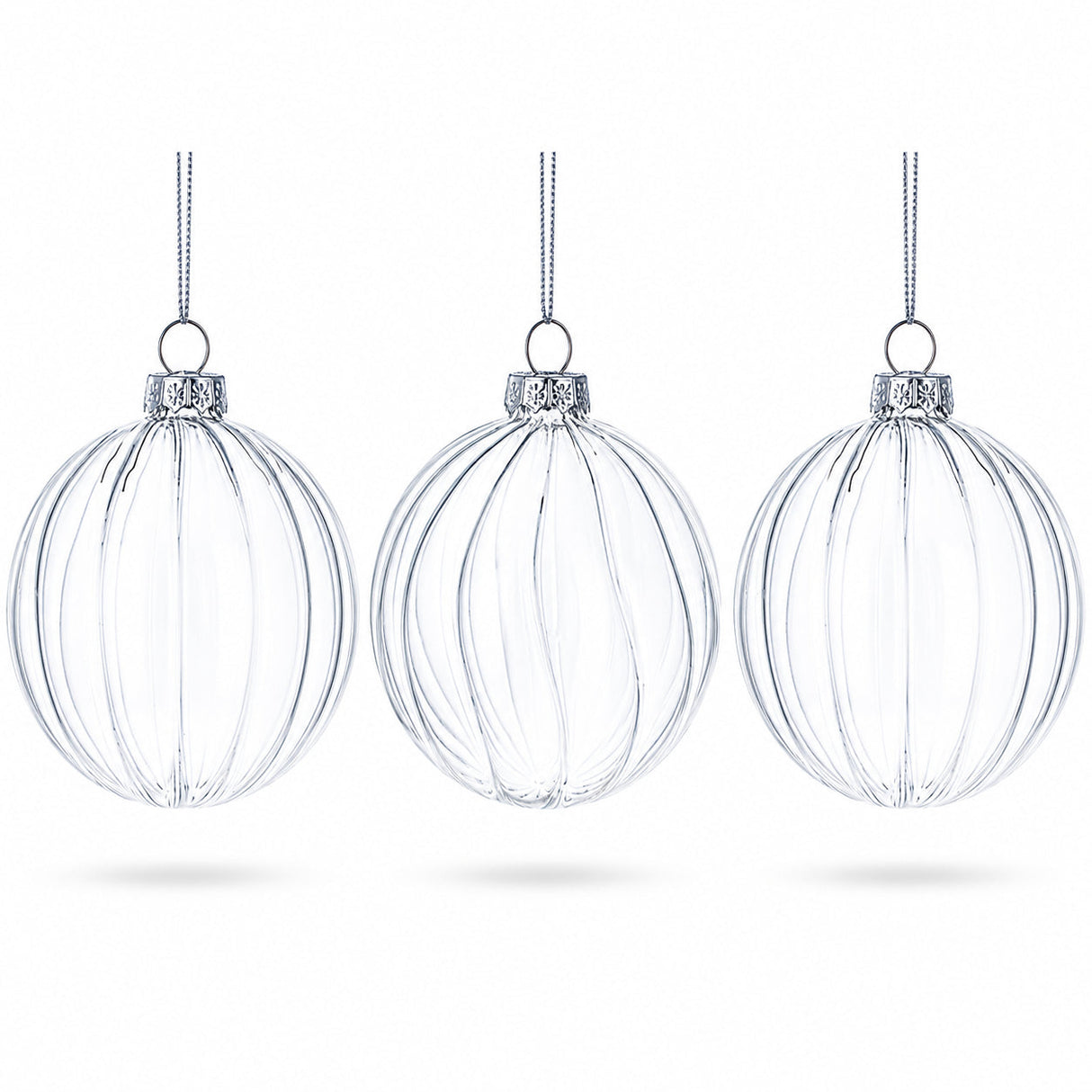 Elegant Set of 3 Striped Clear Glass Ball Christmas Ornaments 3.5 Inches