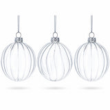 Elegant Set of 3 Striped Clear Glass Ball Christmas Ornaments 3.5 Inches