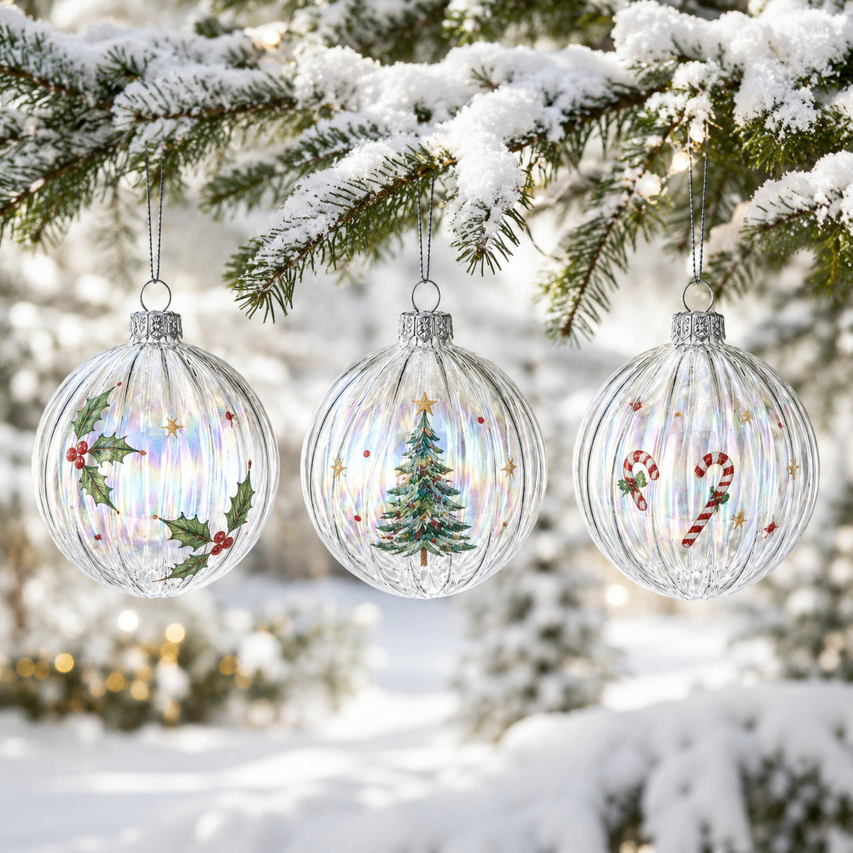Set of 3 Iridescent Clear Glass Ball Christmas Ornaments 3.6 Inches