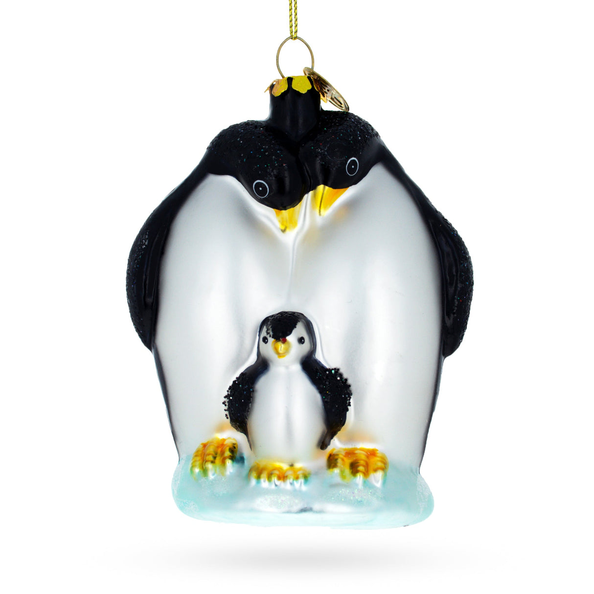 Penguins with Baby Chick Glass Christmas Ornament