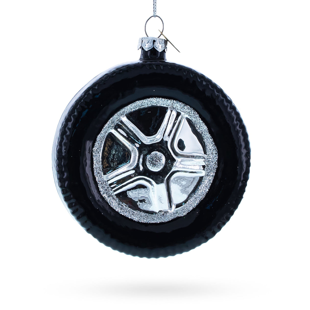 Sleek Black Car Wheel Glass Christmas Ornament