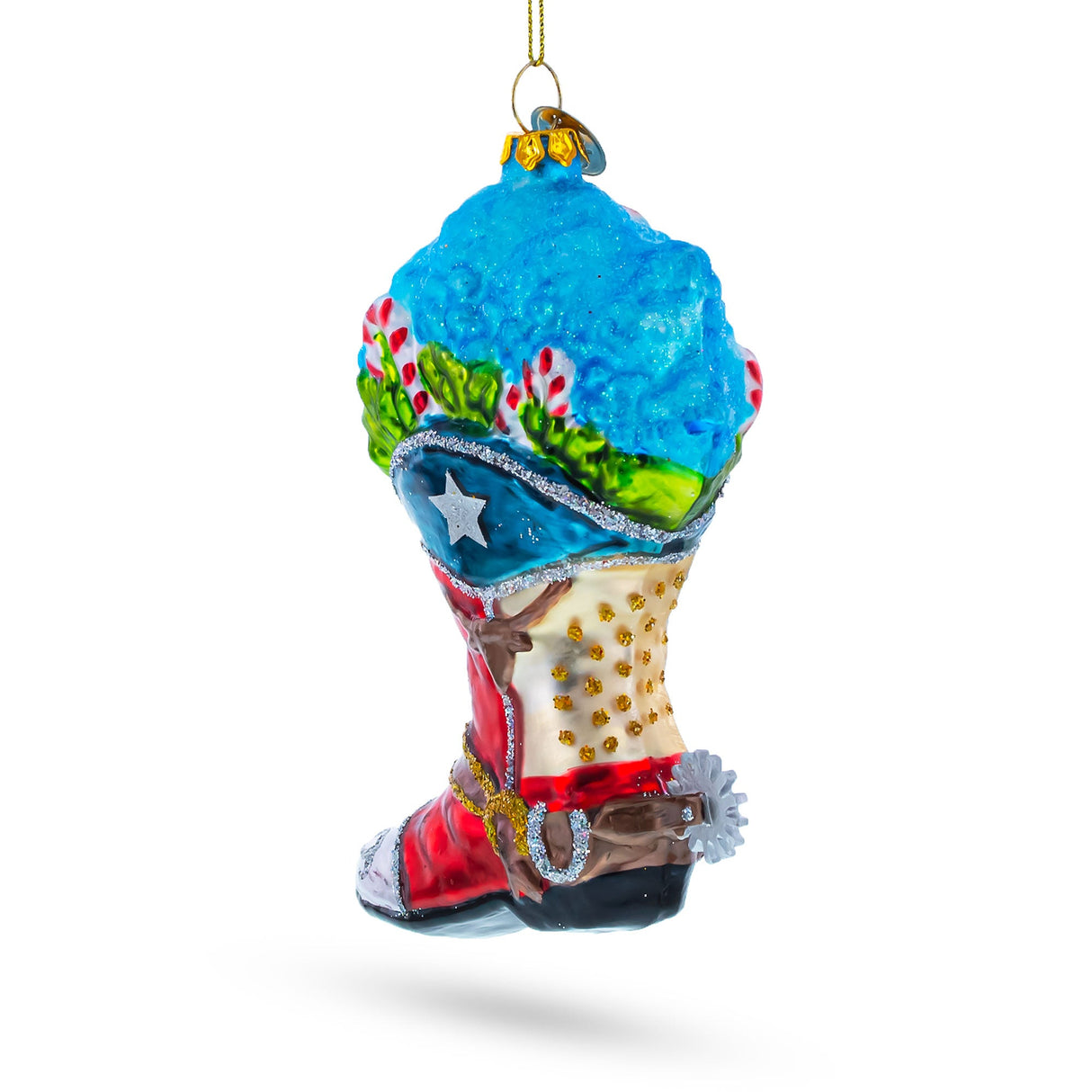 Cowboy Boot with Candy Canes Glass Christmas Ornament