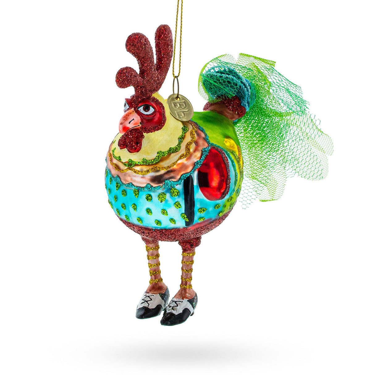 Rooster wearing Shoes Glass Christmas Ornament
