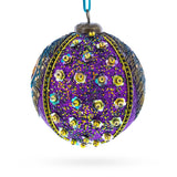 Beaded Purple Peacock Feather Glass Ball Christmas Ornament