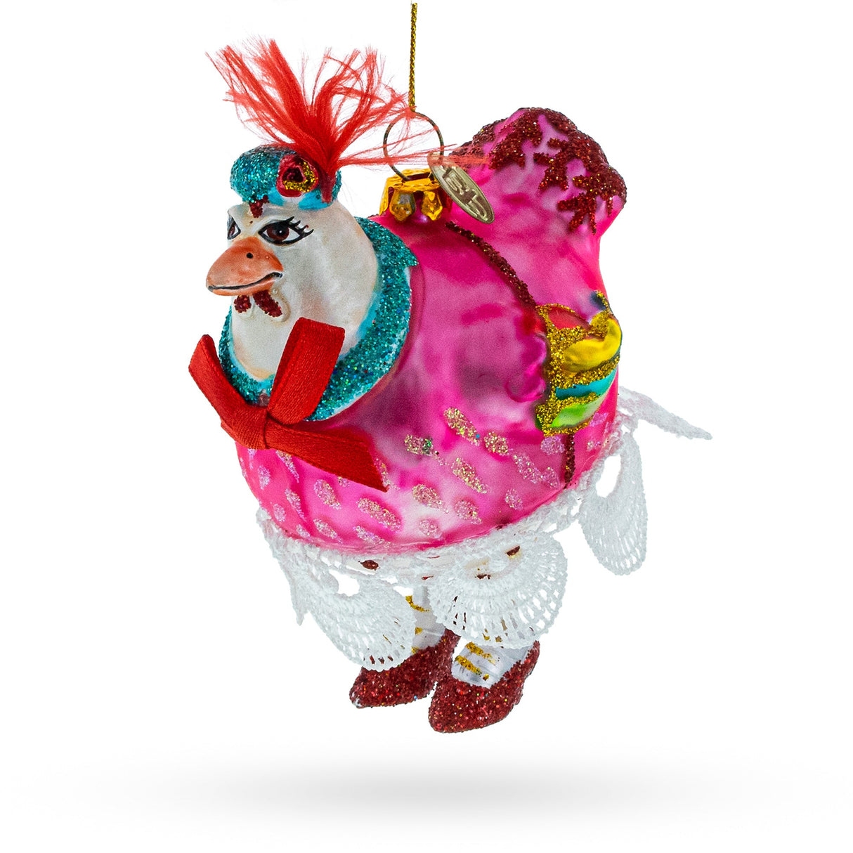 Hen in Dress Glass Christmas Ornament