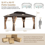 Cenador de techo rígido de doble techo de 3,6 m x 4,8 m con techo de acero galvanizado - Café