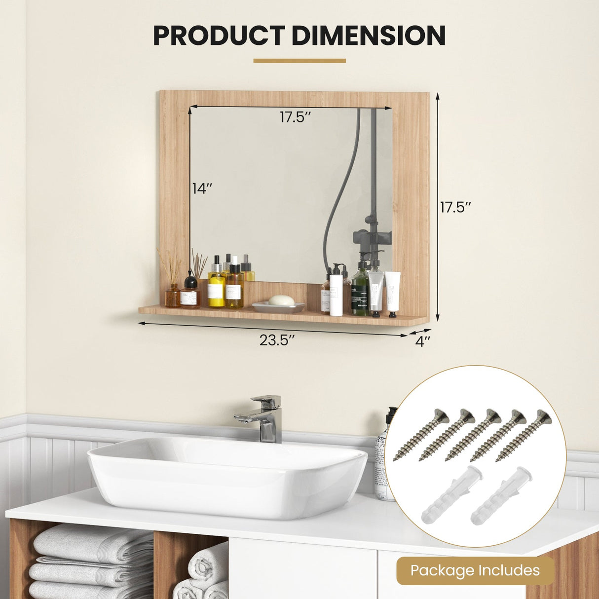 Espejo de baño rectangular con estante de 23.5 x 17.5 pulgadas y marco de madera
