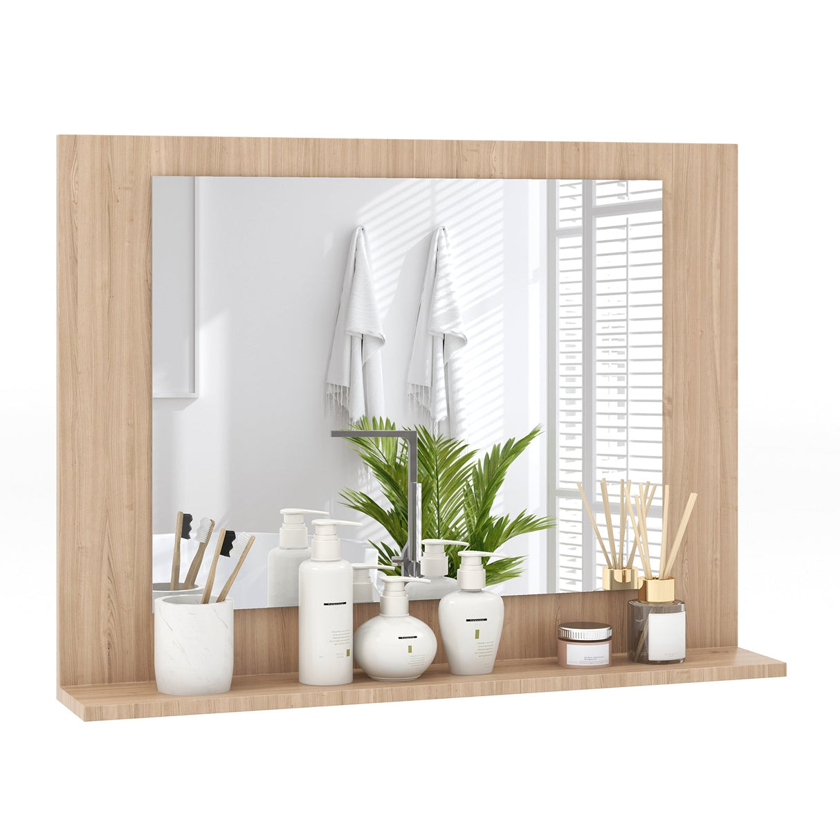 Espejo de baño rectangular con estante de 23.5 x 17.5 pulgadas y marco de madera