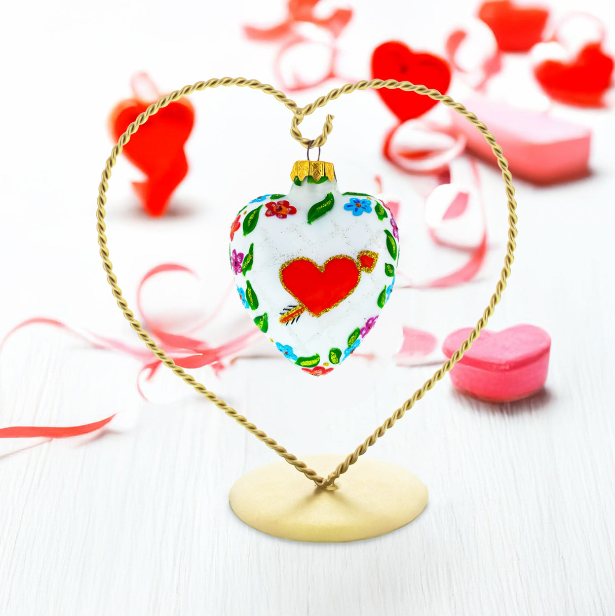 Arrow In Red Heart Valentine's Day Glass Ornament