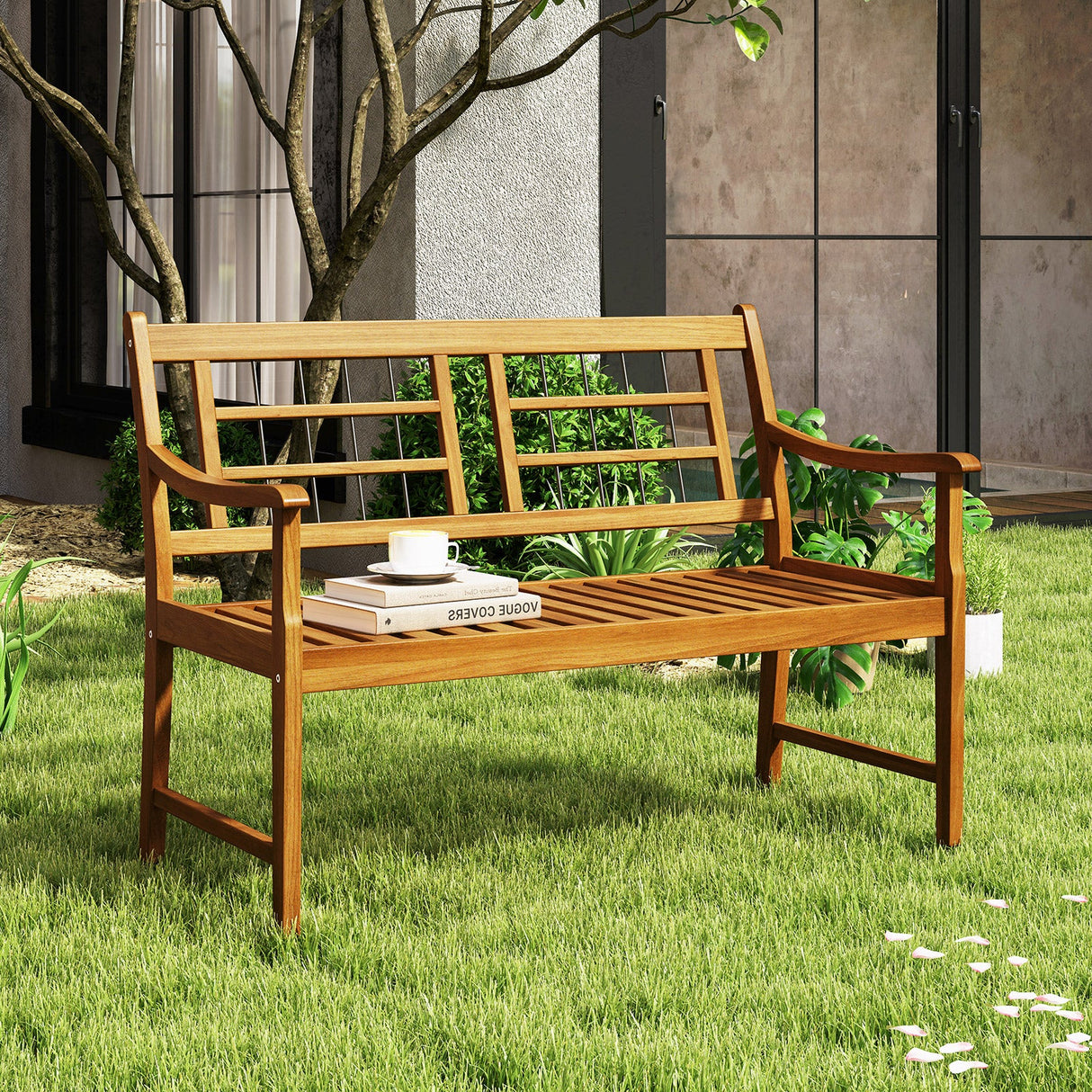 Banco de madera de acacia para patio con reposabrazos curvos, asiento y respaldo de listones