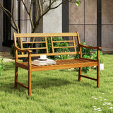 Banco de madera de acacia para patio con reposabrazos curvos, asiento y respaldo de listones