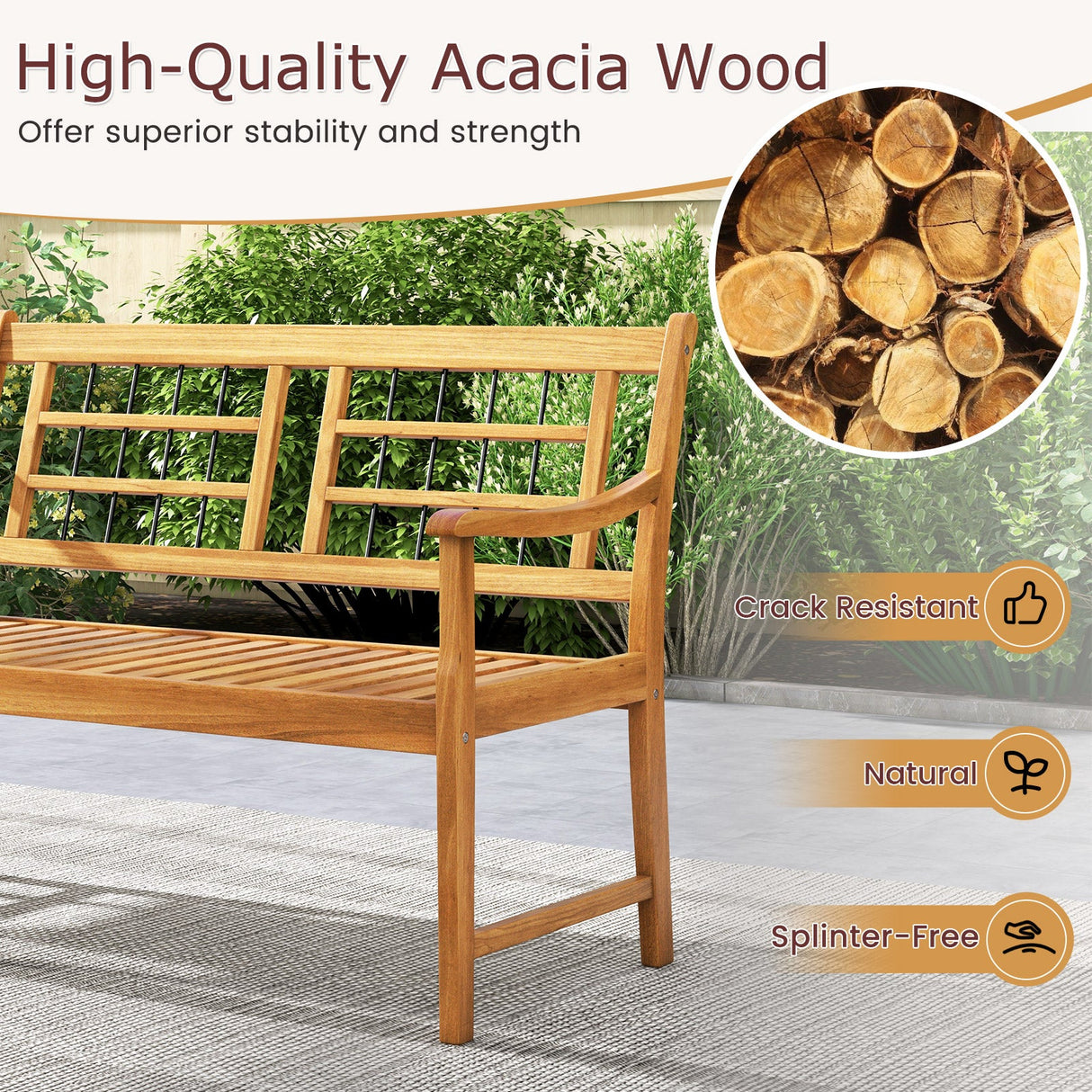 Banco de madera de acacia para patio con reposabrazos curvos, asiento y respaldo de listones