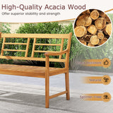 Banco de madera de acacia para patio con reposabrazos curvos, asiento y respaldo de listones
