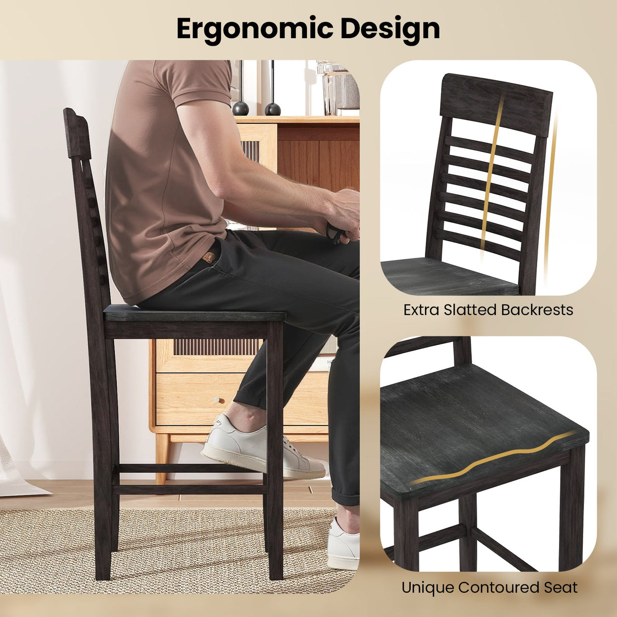 Juego de 2 sillas de comedor con reposapiés y estructura de madera maciza