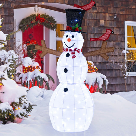 Muñeco de Nieve de Navidad de 1.46 Metros con 120 Luces LED y 2 Pájaros Rojos Decorativos