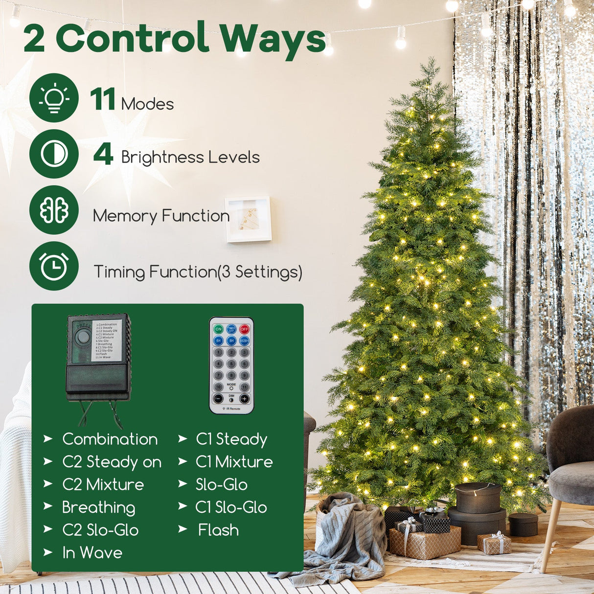Árbol de Navidad Artificial Preiluminado de 6/7.5 pies con 11 Modos y Base de Metal