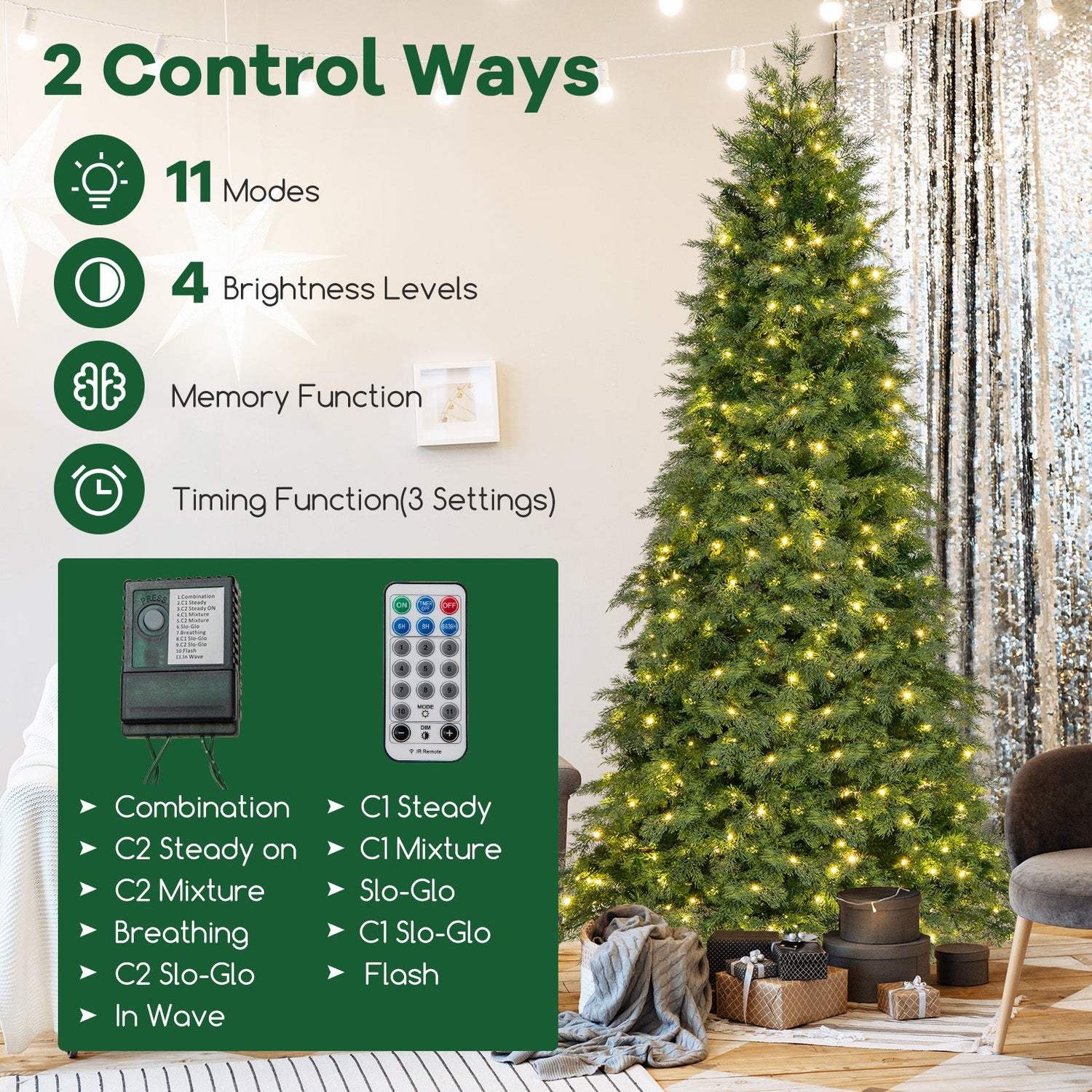 Árbol de Navidad Artificial Preiluminado de 6/7.5 pies con 11 Modos y Base de Metal