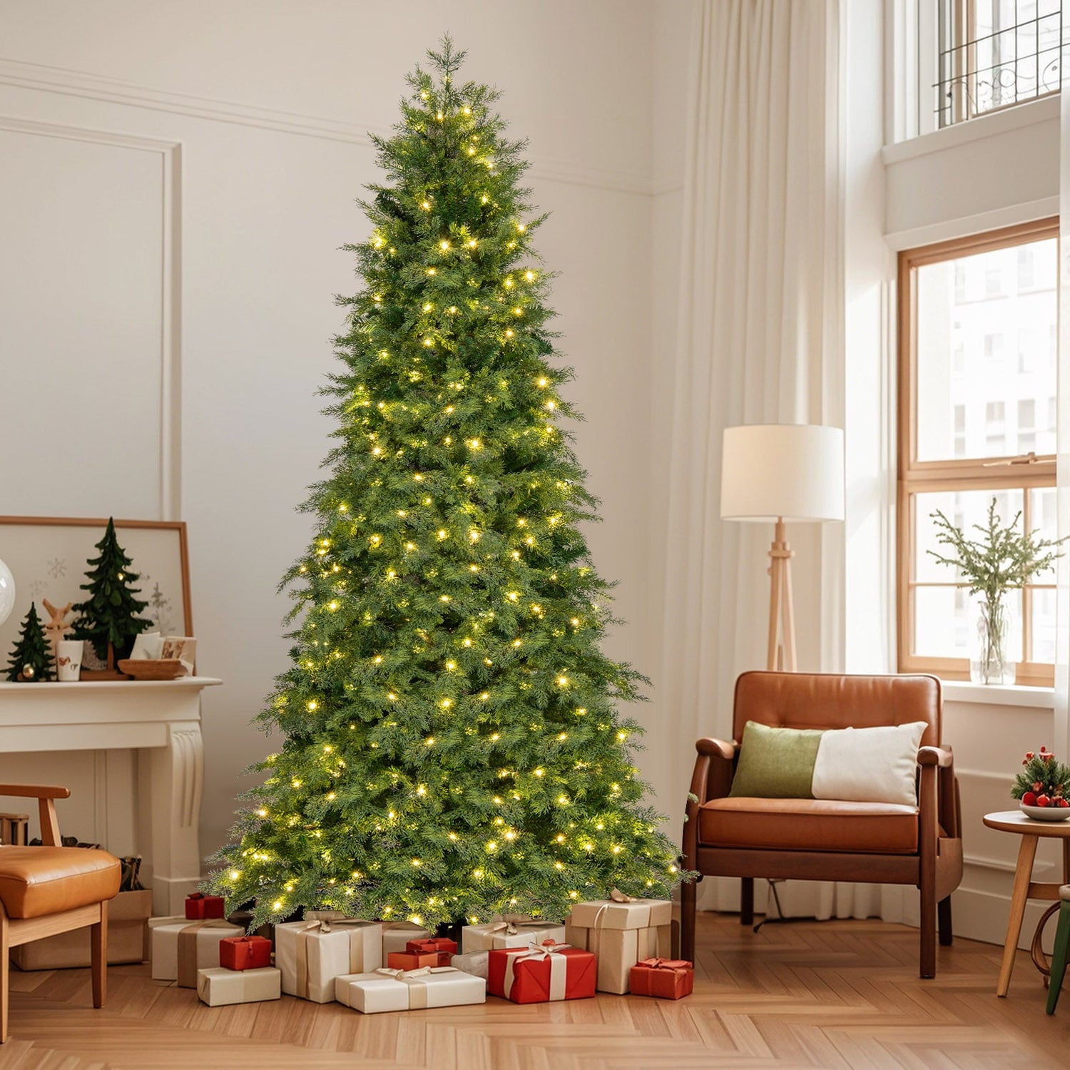 Árbol de Navidad Artificial Preiluminado de 6/7.5 pies con 11 Modos y Base de Metal
