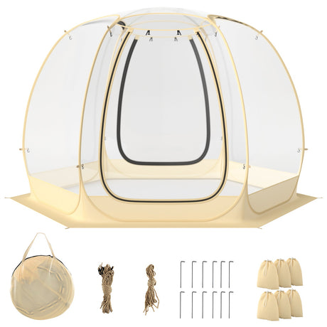 Tienda burbuja de cúpula transparente emergente de 3,35 x 3,35 metros con bolsa de transporte para 6-10 personas - Beige