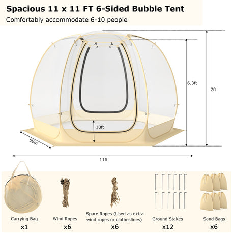Tienda burbuja de cúpula transparente emergente de 3,35 x 3,35 metros con bolsa de transporte para 6-10 personas - Beige