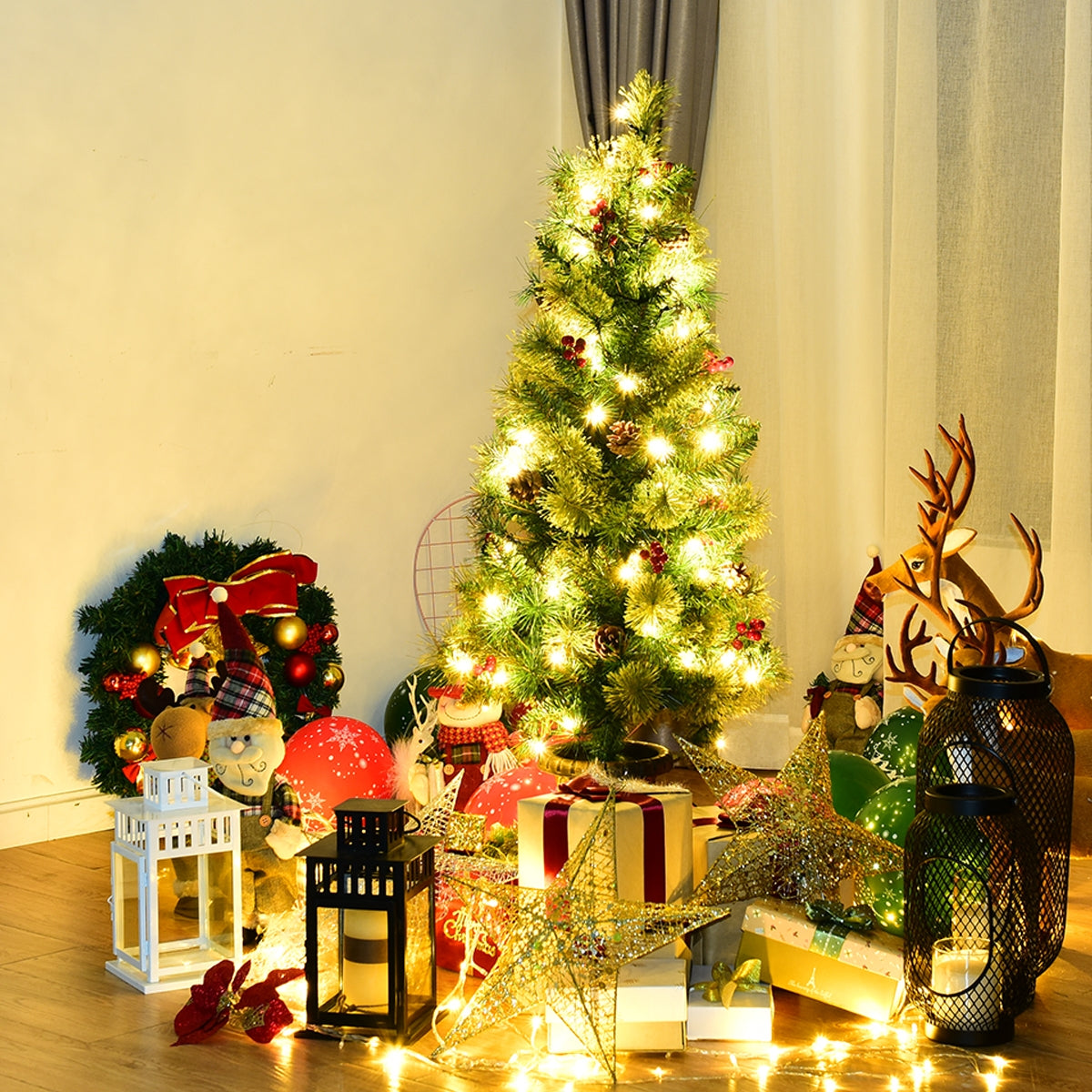 Árbol de Navidad LED con bayas rojas y piñas