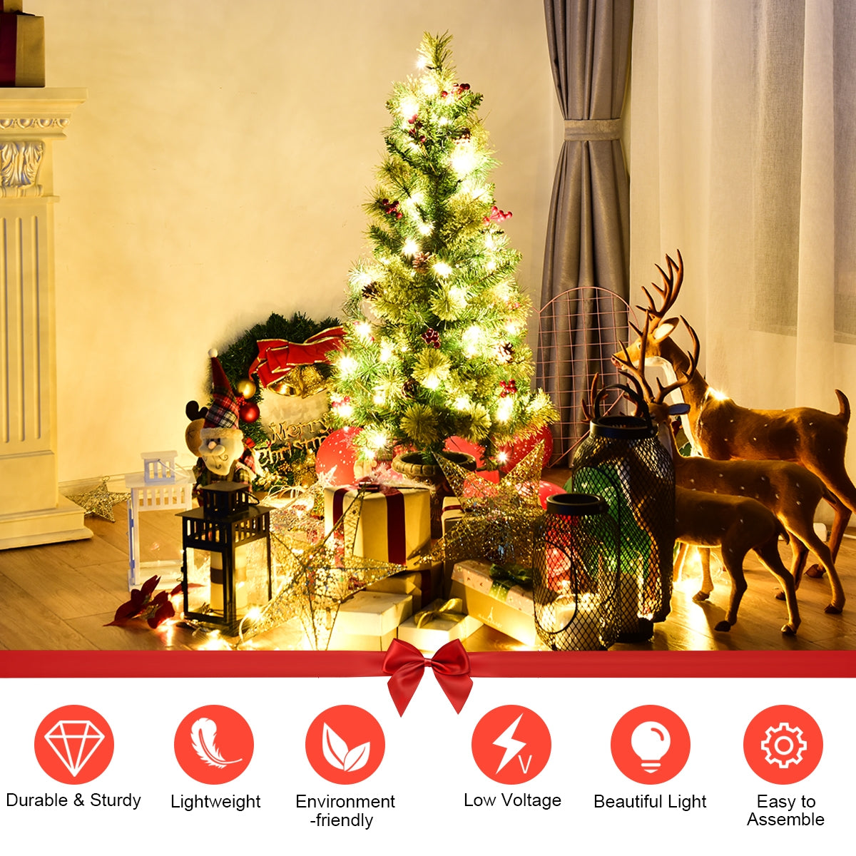 Árbol de Navidad LED con bayas rojas y piñas