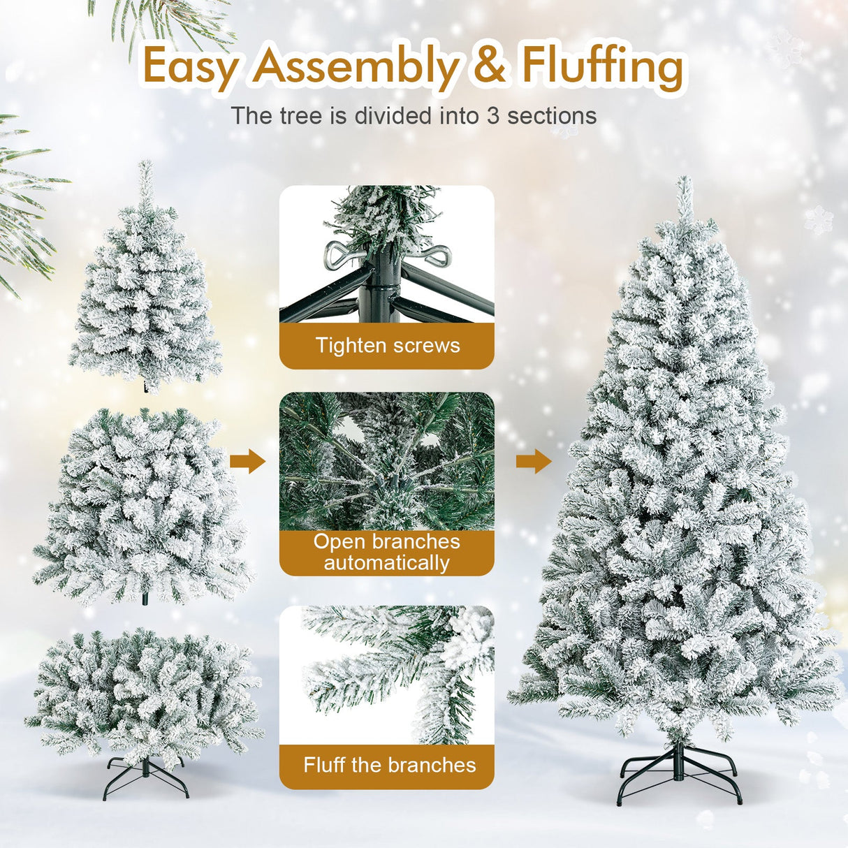 Árbol de Navidad Articulado de 6 Pies con Nieve Artificial Decorativa, Frondoso y con Base Metálica