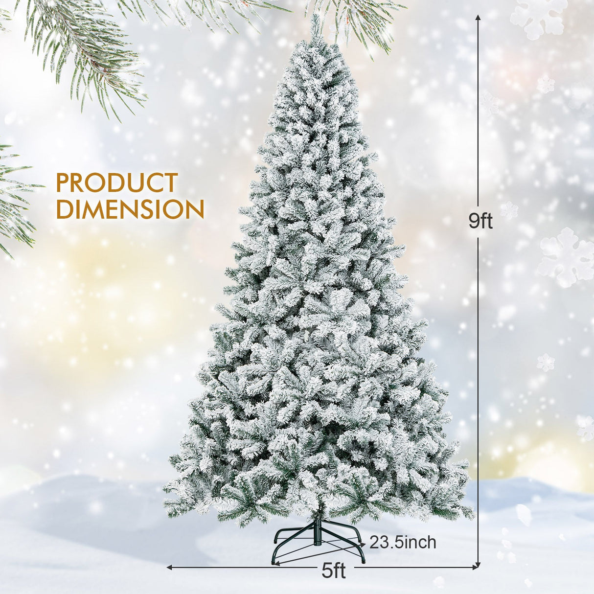 Árbol de Navidad artificial de 9 pies con bisagras y nieve artificial de primera calidad