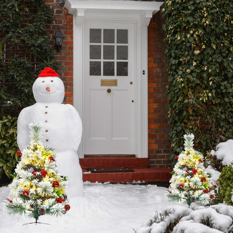 Juego de 2 árboles de Navidad de 60 cm para camino, nevados, preiluminados, a pilas