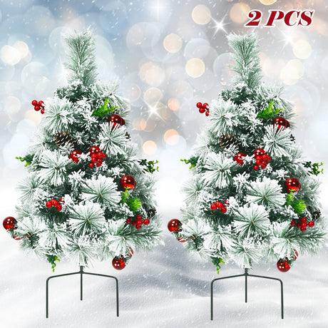 Juego de 2 árboles de Navidad de 60 cm para camino, nevados, preiluminados, a pilas
