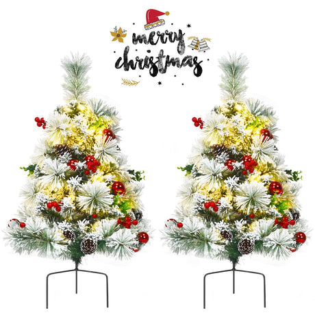 Juego de 2 árboles de Navidad de 60 cm para camino, nevados, preiluminados, a pilas