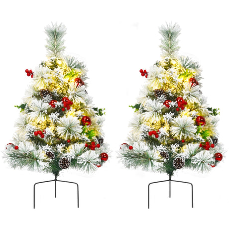 Juego de 2 árboles de Navidad de 60 cm para camino, nevados, preiluminados, a pilas