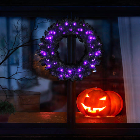 Corona de Halloween preiluminada de 24 pulgadas con 35 luces LED moradas