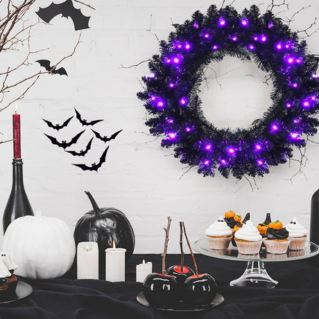 Corona de Halloween preiluminada de 24 pulgadas con 35 luces LED moradas