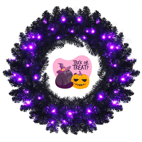 Corona de Halloween preiluminada de 24 pulgadas con 35 luces LED moradas