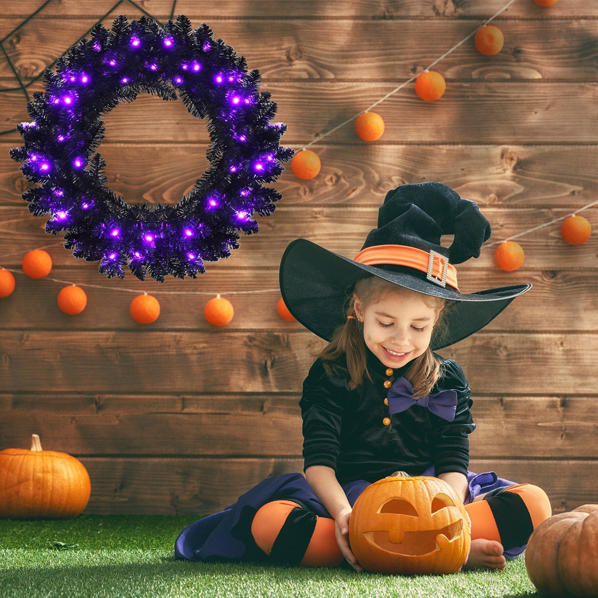 Corona de Halloween preiluminada de 24 pulgadas con 35 luces LED moradas