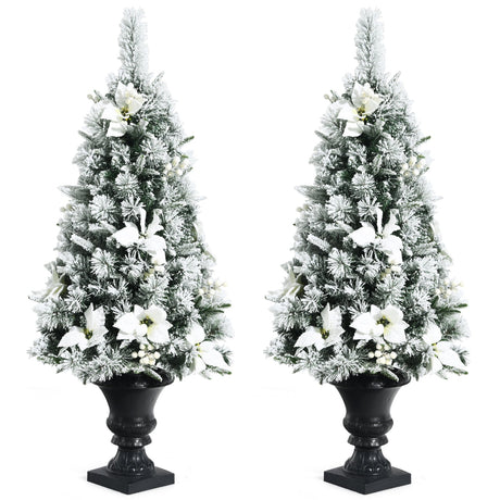 Árbol de entrada de Navidad nevado preiluminado de 4 pies con bayas y flores blancas