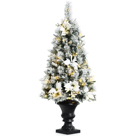 Árbol de entrada de Navidad nevado preiluminado de 4 pies con bayas y flores blancas