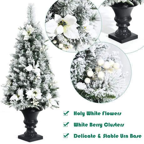 Árbol de entrada de Navidad nevado preiluminado de 4 pies con bayas y flores blancas